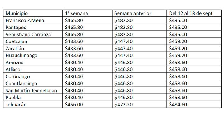 Comparativo de precios que ha tenido el kilo de gas en municipios como San Martín Texmelucan y Puebla